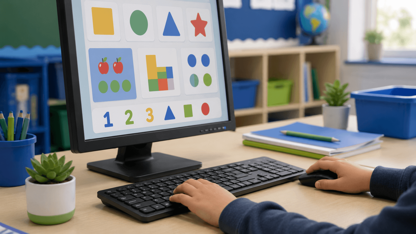 Young learner using a computer mouse and keyboard